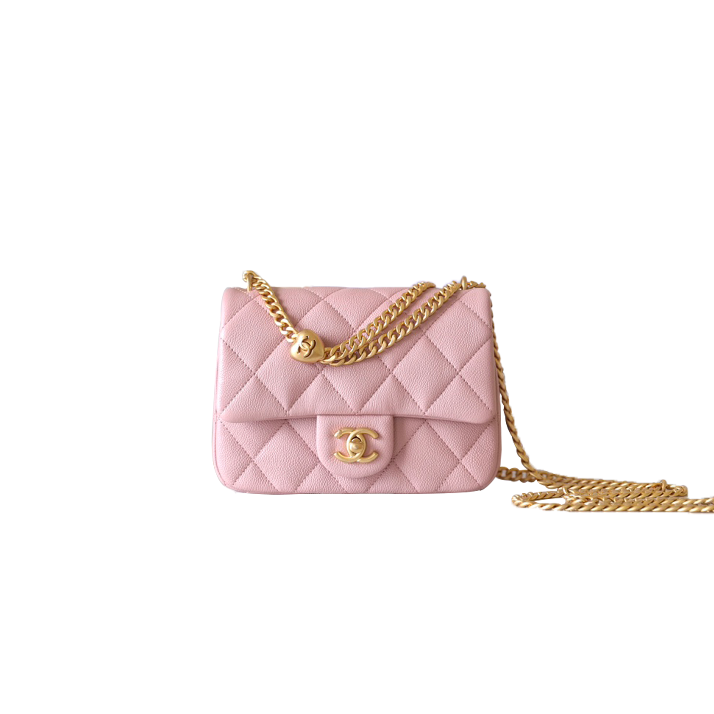 CHANEL MASTER 24P HEART ADJUSTMENT BUTTON  PINK LYCHEE COWHIDE CF FLAP BAG AS3829 (20*14*8cm)